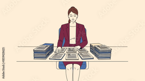 Businesswoman Analyzing and Sorting Large Volume of Documents at Desk in Office Environment