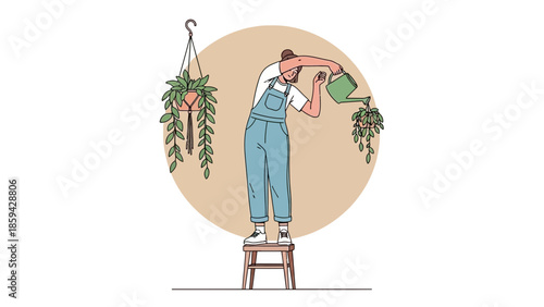 Illustration of a person watering hanging plants indoors with a watering can in a minimalistic style