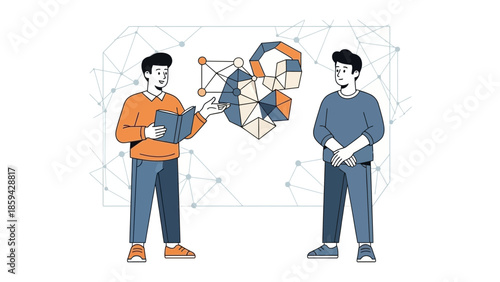 Illustration of two men engaging in a discussion with interconnected geometric shapes and digital