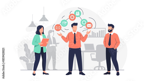 business team analyzing data and managing cloud services in modern office environment