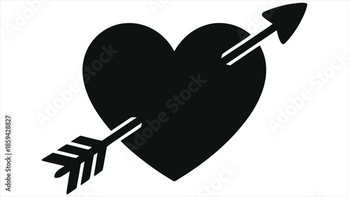 Valentine Heart with Cupid Arrow Vector Icon: Romantic Black Silhouette Symbol for Wedding Invitation, Love Greeting Cards, Dating Apps, Passionate Relationship Graphics and Minimalist Logo Design
