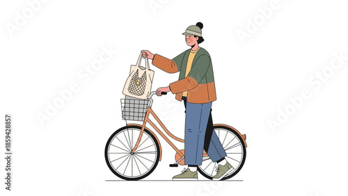 Young woman with backpack riding a bicycle on a city street wearing a beanie and casual clothes