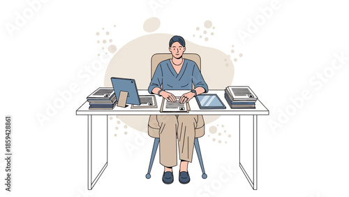 Professional woman working at an organized office desk with multiple documents and devices in a