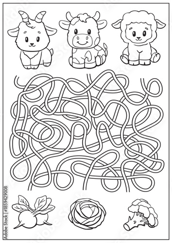 Farm animals maze worksheet for kids, black and white printable food matching activity
