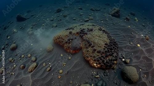 Underwater volcanic rocks with bubbling steam on black sand beach lifeless aquatic landscape focus