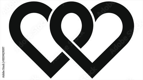 Interlocked Hearts Silhouette Vector Icon - Minimal Black Linked Heart Love Symbol for Valentine's Day, Wedding, Engagement, Anniversary, Romantic Card, Logo, Sticker, Clipart on white background