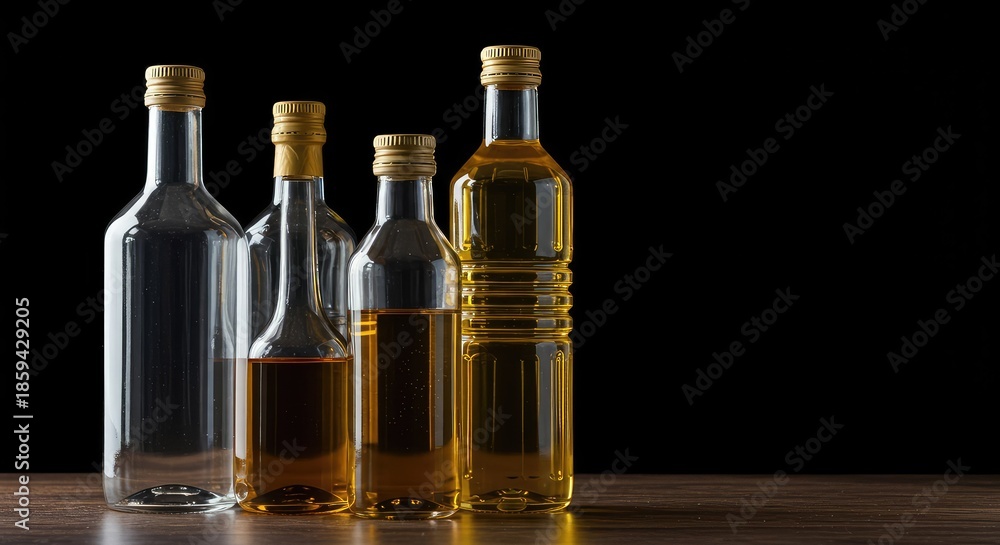 Naklejka premium Bottles of common culinary liquids, clear vinegar and golden sunflower oil, essential ingredients for salad dressings and general cooking ,dressing ,yellow ,health