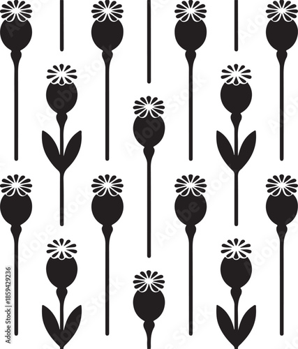 Minimalist black and cream seamless pattern with stylized poppy seed pods and floral elements