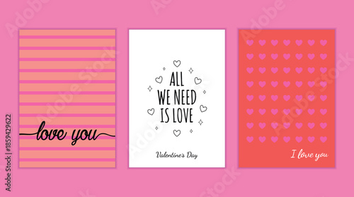 Valentine's Day greeting card set featuring love quotes, heart patterns, and pink vector templates for romantic invitations