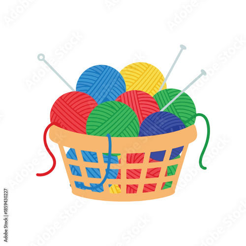 Colorful yarn balls in basket.