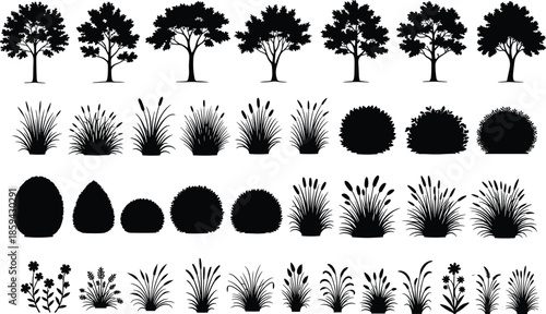 Tree and bush silhouette set, garden landscape grass shrub collection, forest nature vegetation elements, isolated black shape, cad drawing flat vector illustration