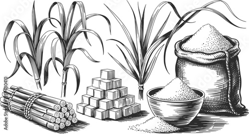Sugarcane Harvest and Sugar Production Line Art Illustration.