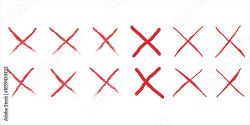 Collection of red X marks on white background vector.