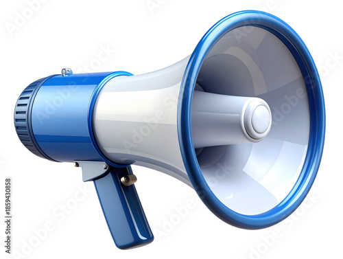 Blue megaphone loudspeaker isolated on transparent background for public announcements, promotion alerts, communication, marketing and attention-grabbing messages