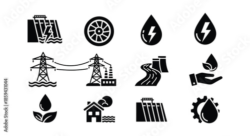 Sustainable energy sources and ecological concepts illustrated with simple black icons