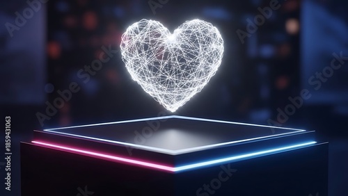 White Wireframe Digital Heart on a Dark Futuristic Podium with Neon Edge Accents Valentine