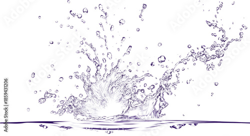 A vivid purple-tinted water splash erupts from a flat surface against a deep black backdrop, capturing energy, motion, and fluid dynamics. Ideal for branding. water drop PNG