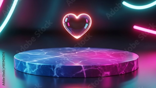 Glossy Glass Bubble Heart Floating Above a Marble Texture Neon Podium Stage Valentine