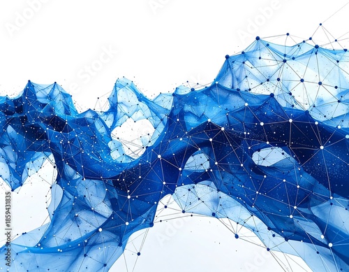 Abstract blue mesh with white dots. Connects to form intricate, flowing pattern against white