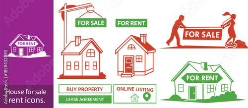 House for sale and home for rent icons. Buy property, online listing and lease agreement vector symbols.