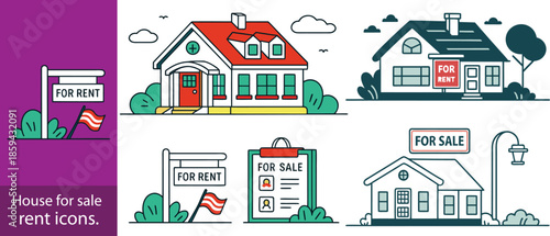 House for sale and home for rent icons. Buy property, online listing and lease agreement vector symbols.