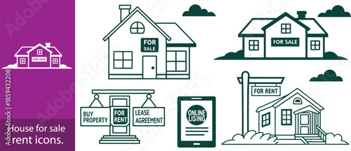 House for sale and home for rent icons. Buy property, online listing and lease agreement vector symbols.