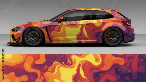 A vibrant custom car wrap design featuring abstract liquid patterns in warm colors.
