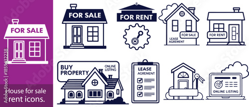 House for sale and home for rent icons. Buy property, online listing and lease agreement vector symbols.