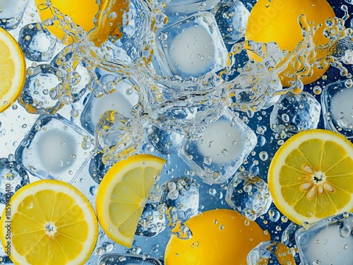 Lemons with ice cubes and splashing water on blue background. Generative AI. 
