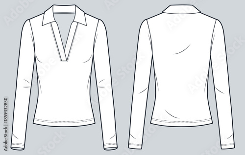 Women Long Sleeve V-Neck Blouse Technical Fashion Illustration. Fitted Top fashion flat technical drawing template, front and back view, polo collar, white, women CAD mockup.