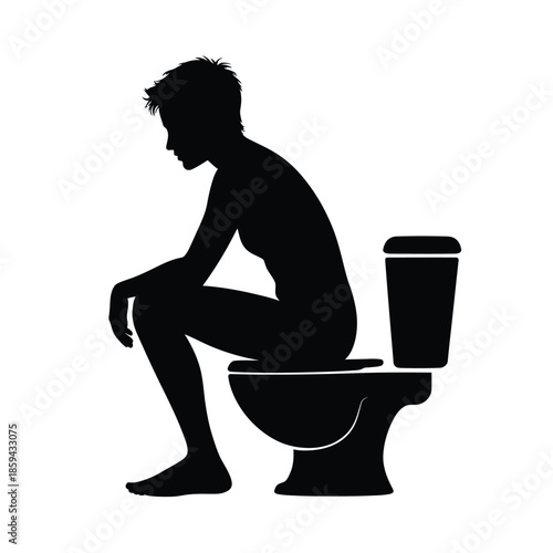 A silhouette of a person sitting on a toilet in black and white