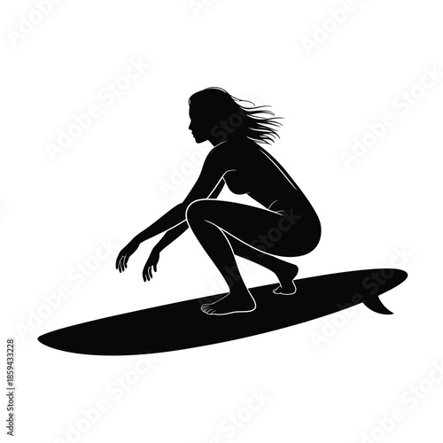 Silhouette of a woman surfing dynamic pose on a wave