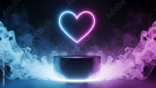 Neon Pink and Blue Heart Sign Surrounded by Vibrant Glowing Smoke and a Dark Podium Valentine