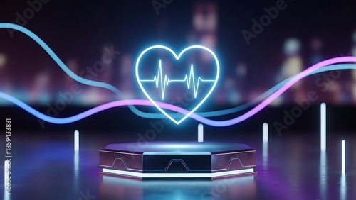 Neon Heart with EKG Pulse Line on a Futuristic Hexagonal Stage Podium with City Bokeh Valentine