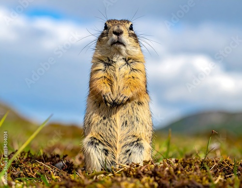 A ground squirrel stands upright in a grassy field, looking up at the camera with a cloudy sky backdrop