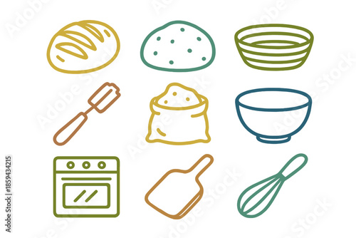 Kitchen tools and ingredients arranged for baking bread and pastry preparation at home