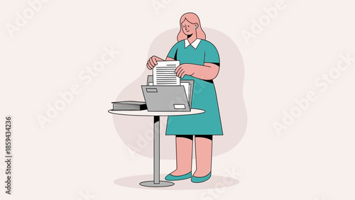 Illustration of a woman managing a large stack of documents at a desk with computer and papers