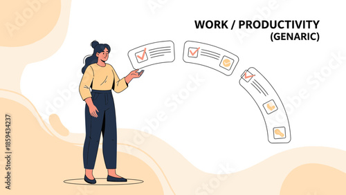 illustration of a woman managing tasks on floating checklists for productive work life