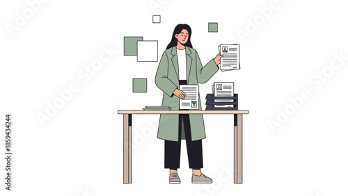 Illustration of a woman organizing and managing documents at a desk in a modern workspace