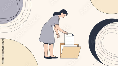 Illustration of a woman organizing documents into a filing cabinet in a minimalistic style