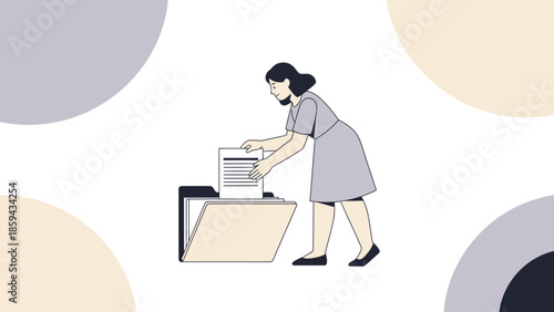 Illustration of a woman organizing documents into a filing cabinet in a modern office setting