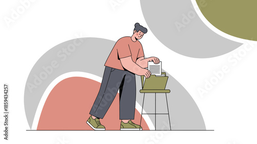 Illustration of a woman printing documents with a colorful abstract background