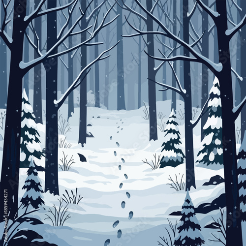 Snow covered forest with animal tracks.