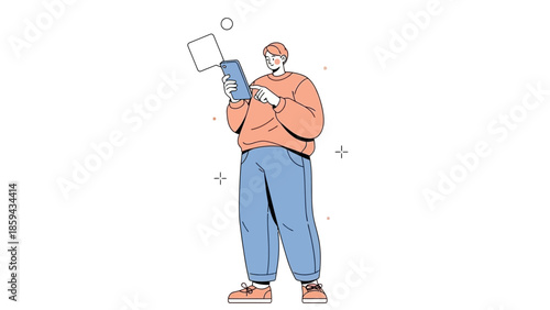 Illustration of a woman using a smartphone with a modern casual style and minimalistic design