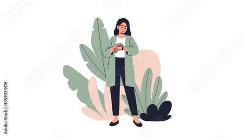 illustration of a woman standing outdoors among large green plants and bushes using a smartwatch