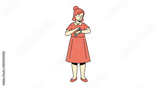 Illustration of a woman with red hair checking her smartwatch while standing casually in a