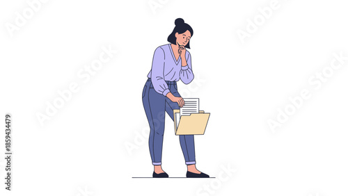 Illustration of a worried woman sorting through a cluttered folder with documents and papers