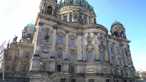 Tilt up to Berlin Cathedral from the River Spree, Berlin, Germany