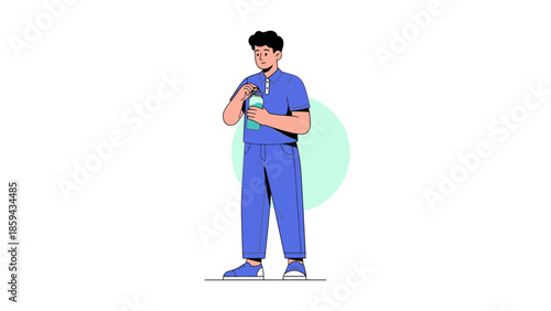 Illustration of a young male healthcare professional holding a water bottle and drinking with a
