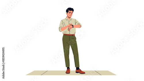 Illustration of a young man checking his smartwatch standing on a simple floor with a white